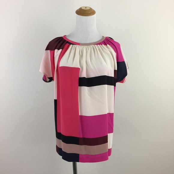 KATE SPADE Multi-Color Colorblock 100% Silk Tie Back Collar Short Sleeve Shirt - Picture 6 of 10